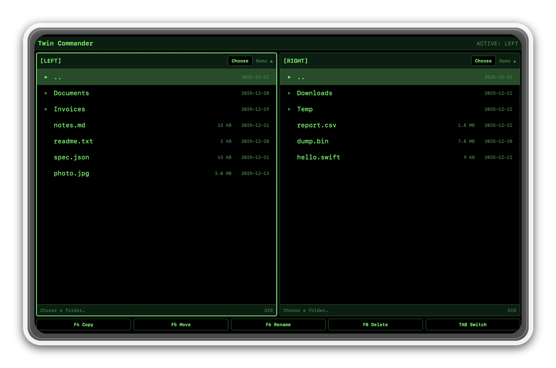 Twin Commander on iPad (two-pane retro interface)