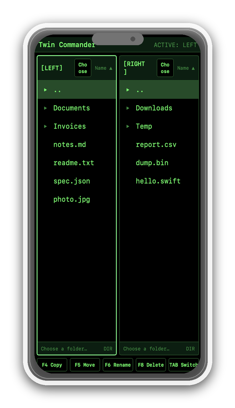Twin Commander on iPhone (portrait layout)